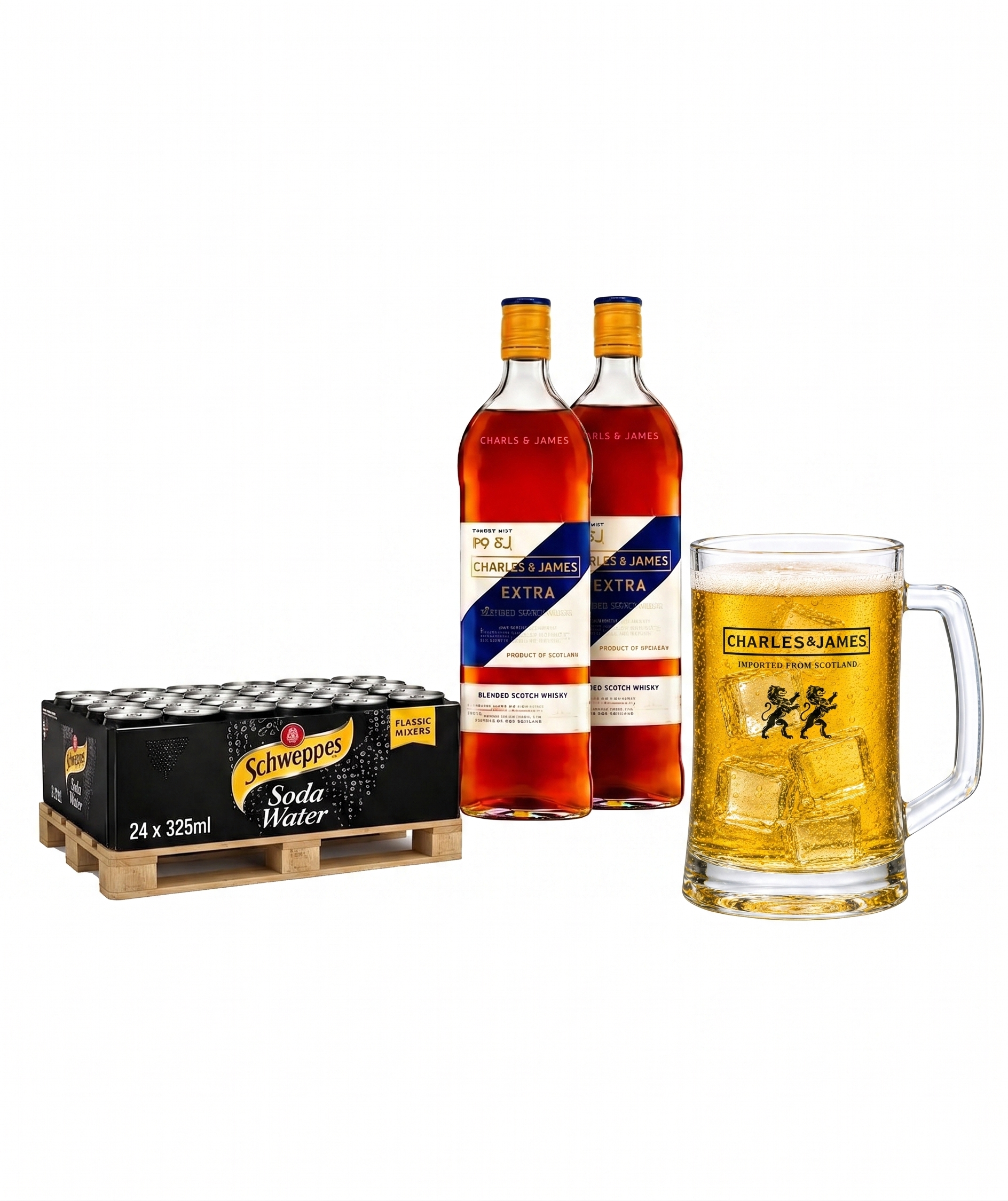 Buy 2 Charles & James Extra 1L + 1 Case Schweppes Soda Water 325ml, Get a FREE Highball Mug